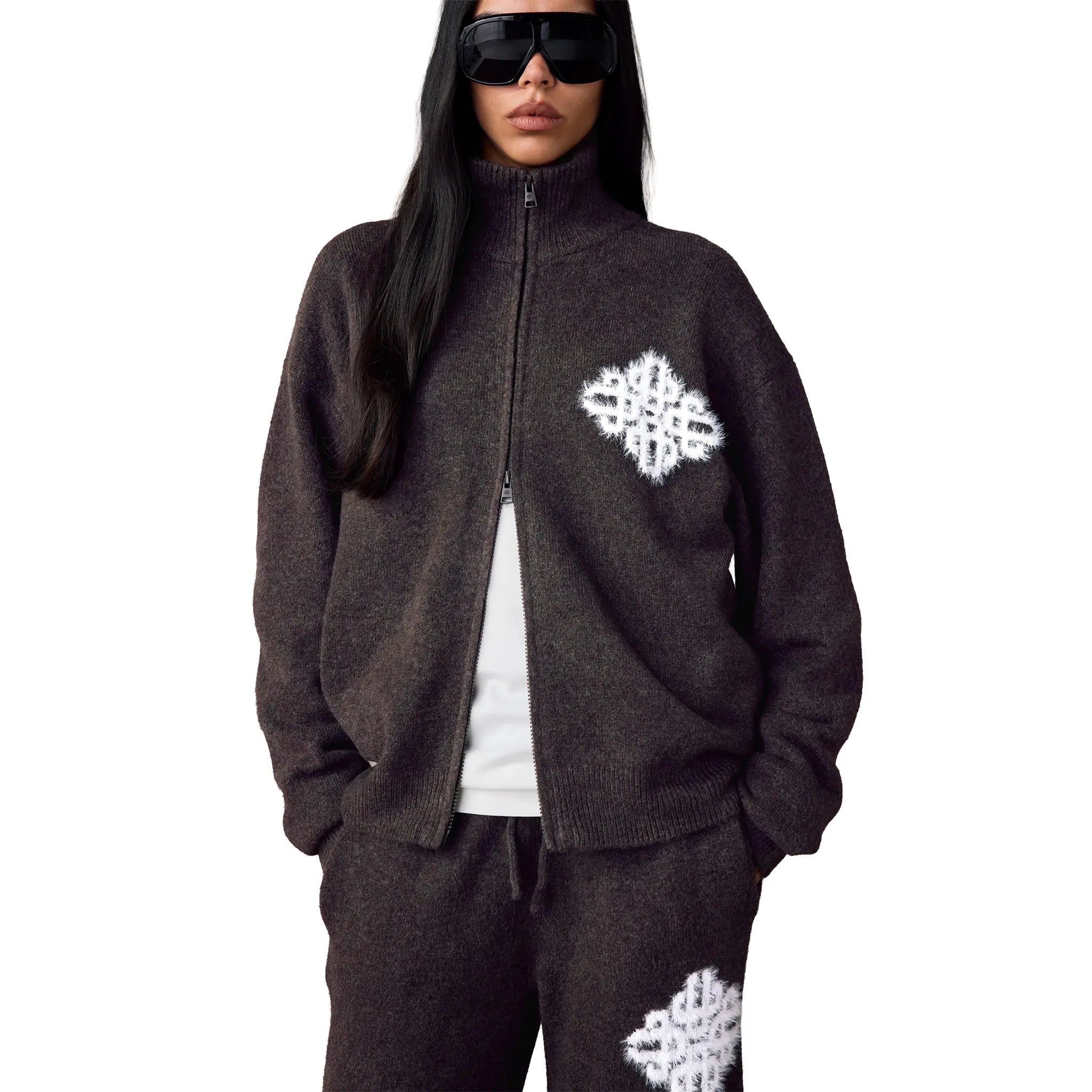 Front View of The Couture Club Fluff Knit Brown Neck Funnel Sweatshirt